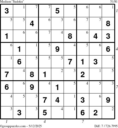 The grouppuzzles.com Medium Sudoku puzzle for Monday May 12, 2025 with all 7 steps marked