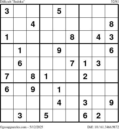The grouppuzzles.com Difficult Sudoku puzzle for Monday May 12, 2025