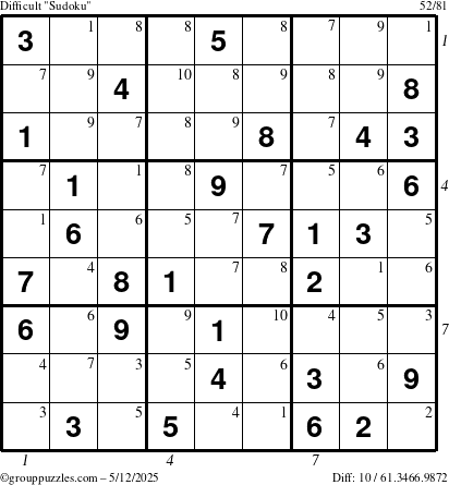 The grouppuzzles.com Difficult Sudoku puzzle for Monday May 12, 2025 with all 10 steps marked