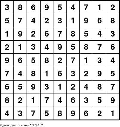 The grouppuzzles.com Answer grid for the Sudoku puzzle for Monday May 12, 2025