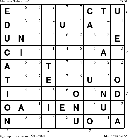 The grouppuzzles.com Medium Education-c1 puzzle for Monday May 12, 2025 with all 7 steps marked