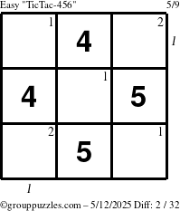 The grouppuzzles.com Easy TicTac-456 puzzle for Monday May 12, 2025, suitable for printing, with all 2 steps marked
