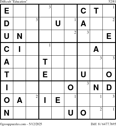 The grouppuzzles.com Difficult Education-c1 puzzle for Monday May 12, 2025 with the first 3 steps marked