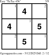 The grouppuzzles.com Easy TicTac-456 puzzle for Monday May 12, 2025 with the first 2 steps marked