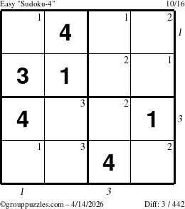 The grouppuzzles.com Easy Sudoku-4 puzzle for Tuesday April 14, 2026, suitable for printing, with all 3 steps marked
