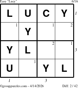 The grouppuzzles.com Easy Lucy puzzle for Tuesday April 14, 2026, suitable for printing, with all 2 steps marked