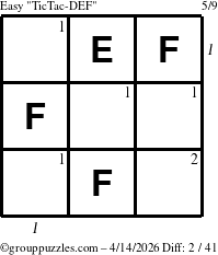 The grouppuzzles.com Easy TicTac-DEF puzzle for Tuesday April 14, 2026 with all 2 steps marked