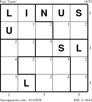 The grouppuzzles.com Easy Linus puzzle for Tuesday April 14, 2026, suitable for printing, with all 4 steps marked