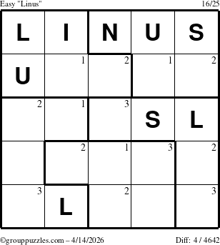 The grouppuzzles.com Easy Linus puzzle for Tuesday April 14, 2026 with the first 3 steps marked