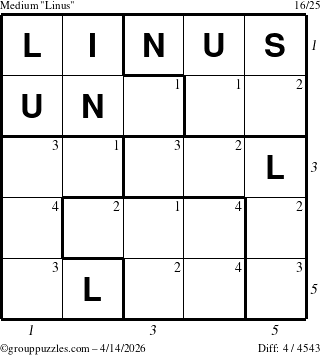 The grouppuzzles.com Medium Linus puzzle for Tuesday April 14, 2026, suitable for printing, with all 4 steps marked