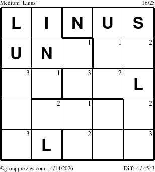 The grouppuzzles.com Medium Linus puzzle for Tuesday April 14, 2026 with the first 3 steps marked