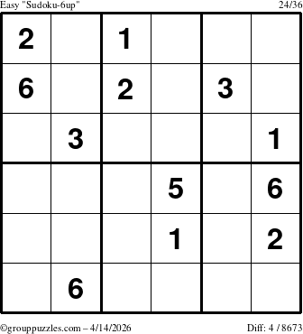 The grouppuzzles.com Easy Sudoku-6up puzzle for Tuesday April 14, 2026