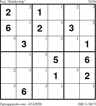 The grouppuzzles.com Easy Sudoku-6up puzzle for Tuesday April 14, 2026 with the first 3 steps marked