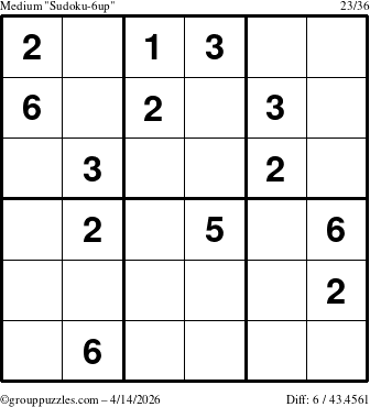 The grouppuzzles.com Medium Sudoku-6up puzzle for Tuesday April 14, 2026