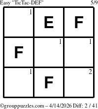 The grouppuzzles.com Easy TicTac-DEF puzzle for Tuesday April 14, 2026 with the first 2 steps marked
