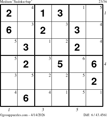 The grouppuzzles.com Medium Sudoku-6up puzzle for Tuesday April 14, 2026, suitable for printing, with all 6 steps marked