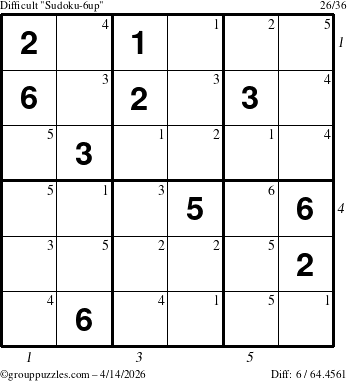 The grouppuzzles.com Difficult Sudoku-6up puzzle for Tuesday April 14, 2026, suitable for printing, with all 6 steps marked