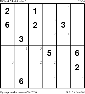 The grouppuzzles.com Difficult Sudoku-6up puzzle for Tuesday April 14, 2026 with the first 3 steps marked