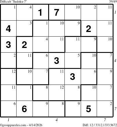The grouppuzzles.com Difficult Sudoku-7 puzzle for Tuesday April 14, 2026 with all 12 steps marked