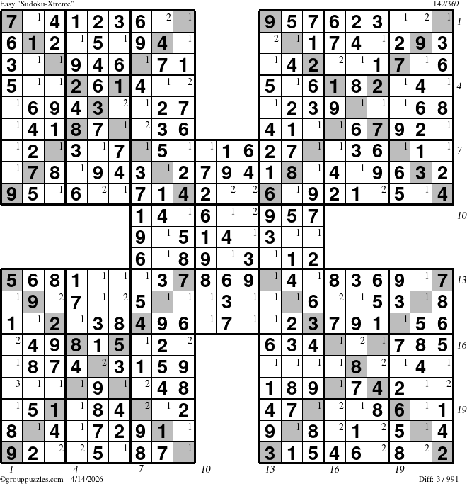 The grouppuzzles.com Easy Sudoku-Xtreme puzzle for Tuesday April 14, 2026 with all 3 steps marked