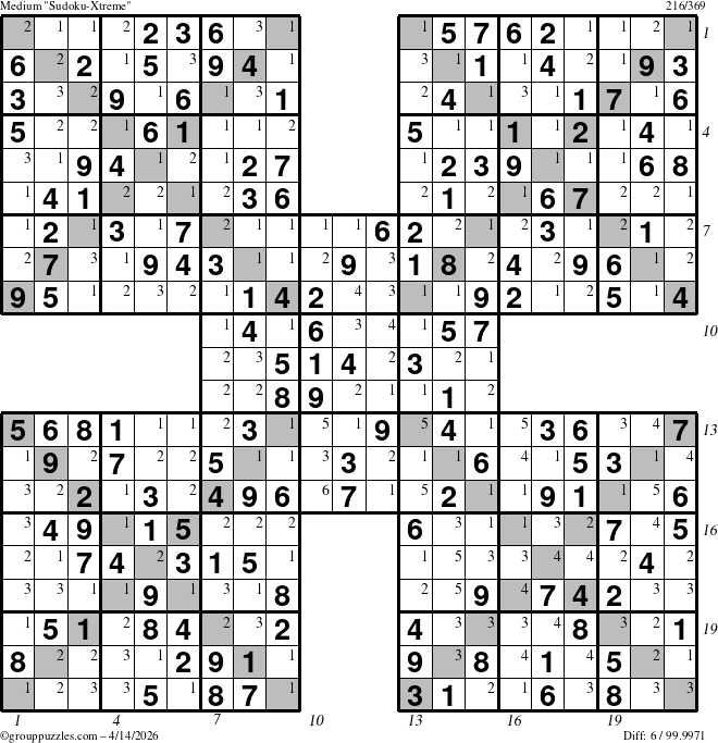 The grouppuzzles.com Medium Sudoku-Xtreme puzzle for Tuesday April 14, 2026 with all 6 steps marked