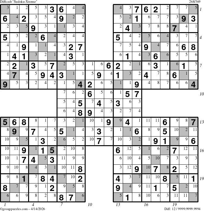 The grouppuzzles.com Difficult Sudoku-Xtreme puzzle for Tuesday April 14, 2026, suitable for printing, with all 12 steps marked