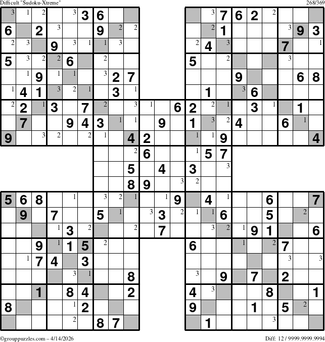 The grouppuzzles.com Difficult Sudoku-Xtreme puzzle for Tuesday April 14, 2026 with the first 3 steps marked