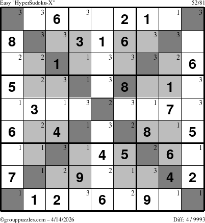 The grouppuzzles.com Easy HyperSudoku-X puzzle for Tuesday April 14, 2026 with the first 3 steps marked