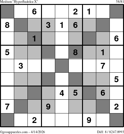 The grouppuzzles.com Medium HyperSudoku-X puzzle for Tuesday April 14, 2026