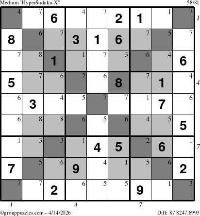 The grouppuzzles.com Medium HyperSudoku-X puzzle for Tuesday April 14, 2026 with all 8 steps marked