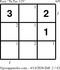 The grouppuzzles.com Easy TicTac-123 puzzle for Tuesday April 14, 2026, suitable for printing, with all 2 steps marked