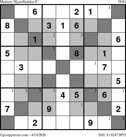 The grouppuzzles.com Medium HyperSudoku-X puzzle for Tuesday April 14, 2026 with the first 3 steps marked