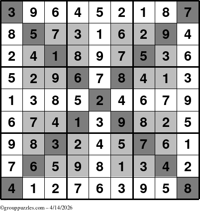 The grouppuzzles.com Answer grid for the HyperSudoku-X puzzle for Tuesday April 14, 2026