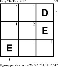 The grouppuzzles.com Easy TicTac-DEF puzzle for Tuesday September 22, 2026 with all 2 steps marked
