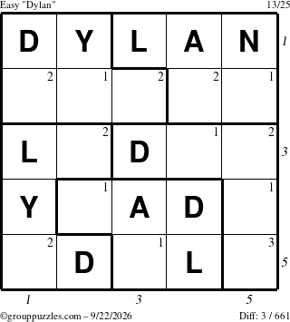 The grouppuzzles.com Easy Dylan puzzle for Tuesday September 22, 2026 with all 3 steps marked