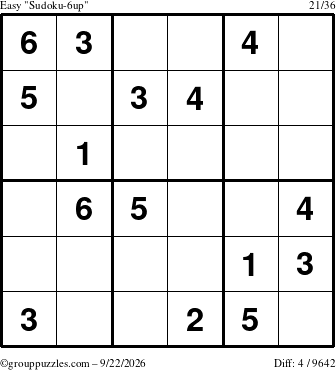 The grouppuzzles.com Easy Sudoku-6up puzzle for Tuesday September 22, 2026