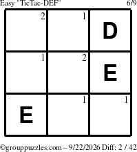 The grouppuzzles.com Easy TicTac-DEF puzzle for Tuesday September 22, 2026 with the first 2 steps marked