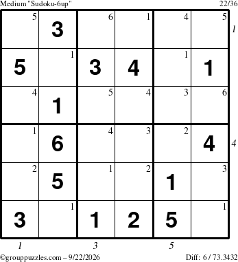 The grouppuzzles.com Medium Sudoku-6up puzzle for Tuesday September 22, 2026, suitable for printing, with all 6 steps marked