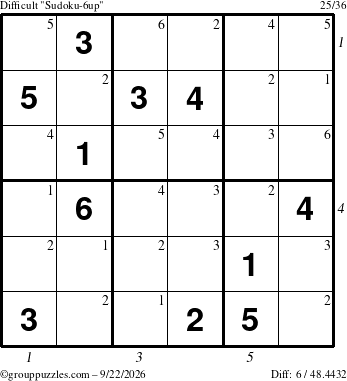 The grouppuzzles.com Difficult Sudoku-6up puzzle for Tuesday September 22, 2026, suitable for printing, with all 6 steps marked