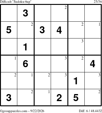 The grouppuzzles.com Difficult Sudoku-6up puzzle for Tuesday September 22, 2026 with the first 3 steps marked