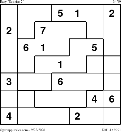 The grouppuzzles.com Easy Sudoku-7 puzzle for Tuesday September 22, 2026