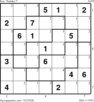 The grouppuzzles.com Easy Sudoku-7 puzzle for Tuesday September 22, 2026, suitable for printing, with all 4 steps marked