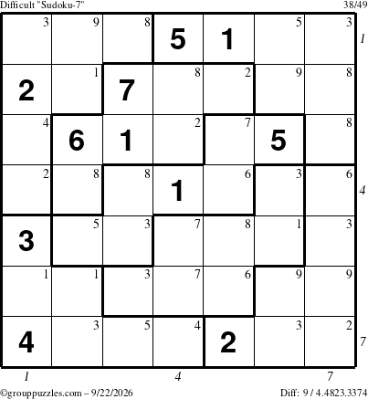 The grouppuzzles.com Difficult Sudoku-7 puzzle for Tuesday September 22, 2026 with all 9 steps marked