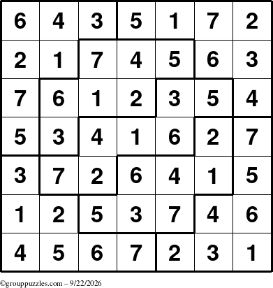 The grouppuzzles.com Answer grid for the Sudoku-7 puzzle for Tuesday September 22, 2026