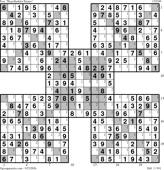 The grouppuzzles.com Easy HyperSudoku-Xtreme puzzle for Tuesday September 22, 2026 with all 3 steps marked