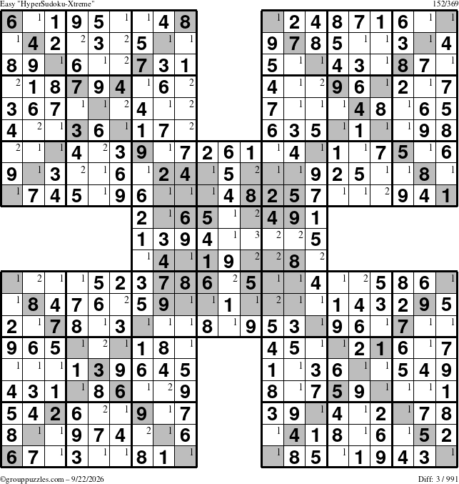 The grouppuzzles.com Easy HyperSudoku-Xtreme puzzle for Tuesday September 22, 2026 with the first 3 steps marked