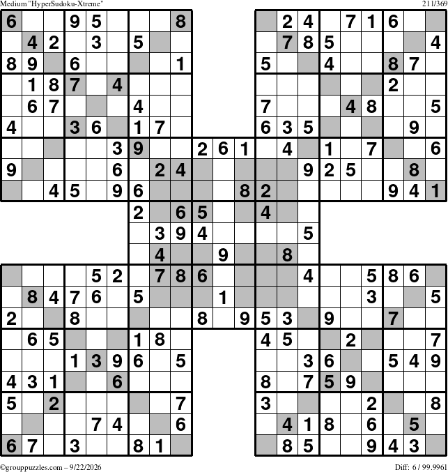 The grouppuzzles.com Medium HyperSudoku-Xtreme puzzle for Tuesday September 22, 2026