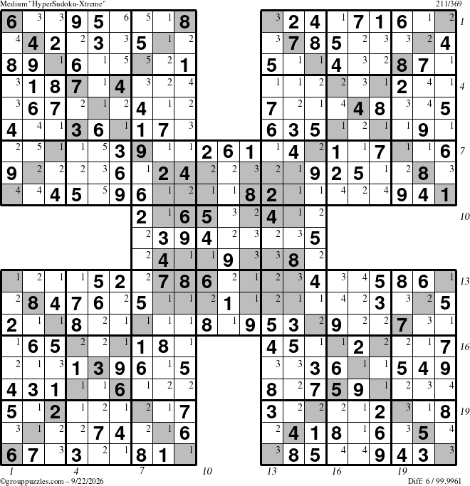 The grouppuzzles.com Medium HyperSudoku-Xtreme puzzle for Tuesday September 22, 2026 with all 6 steps marked