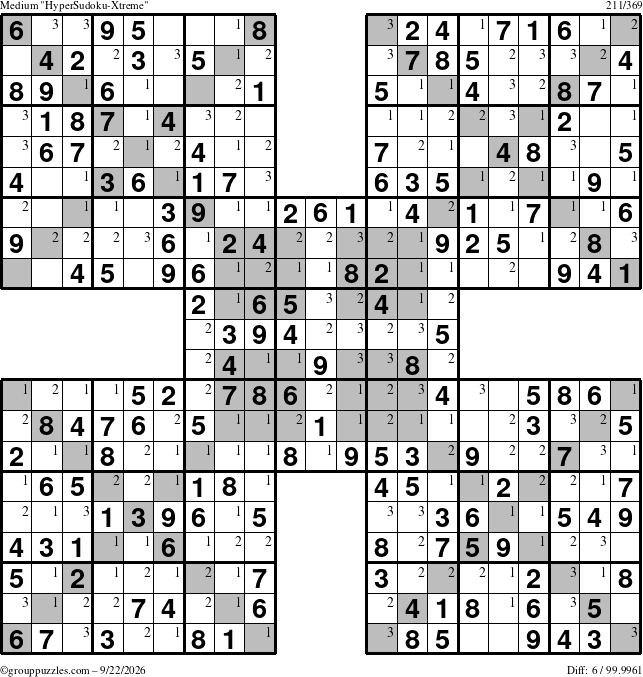 The grouppuzzles.com Medium HyperSudoku-Xtreme puzzle for Tuesday September 22, 2026 with the first 3 steps marked