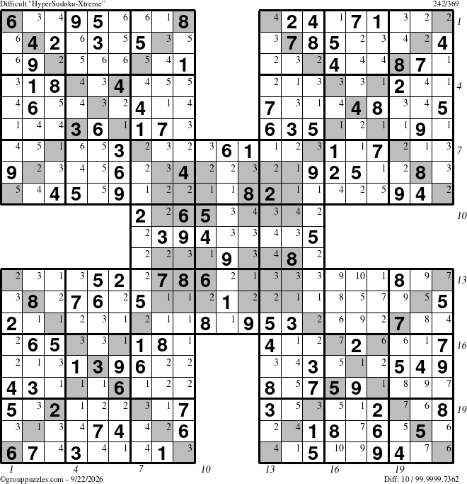 The grouppuzzles.com Difficult HyperSudoku-Xtreme puzzle for Tuesday September 22, 2026 with all 10 steps marked